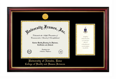 University of Nevada Reno College of Health and Human Sciences Diploma with Announcement Frame in Petite Mahogany with Gold Trim with Black & Gold Mats for document: 8 1/2"h x 11"w  , diploma: 7"h x 4"w  