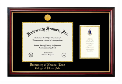 University of Nevada Reno College of Liberal Arts Diploma with Announcement Frame in Petite Mahogany with Gold Trim with Black & Gold Mats for document: 8 1/2"h x 11"w  , diploma: 7"h x 4"w  