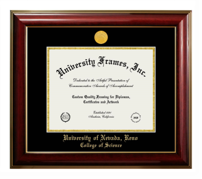 University of Nevada Reno College of Science Diploma Frame in Classic Mahogany with Gold Trim with Black & Gold Mats for document: 8 1/2"h x 11"w  