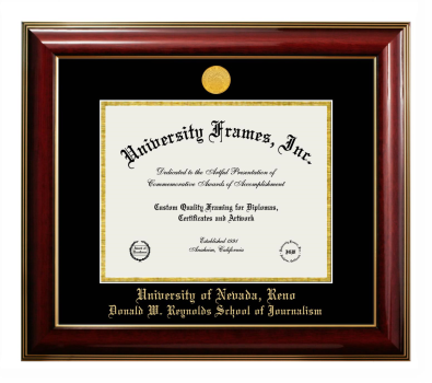 University of Nevada Reno Donald W. Reynolds School of Journalism Diploma Frame in Classic Mahogany with Gold Trim with Black & Gold Mats for document: 8 1/2"h x 11"w  