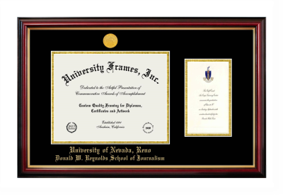 University of Nevada Reno Donald W. Reynolds School of Journalism Diploma with Announcement Frame in Petite Mahogany with Gold Trim with Black & Gold Mats for document: 8 1/2"h x 11"w  , diploma: 7"h x 4"w  