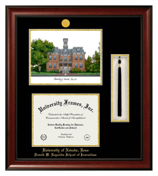 University of Nevada Reno Donald W. Reynolds School of Journalism Double Opening with Campus Image & Tassel Box (Stacked) Frame in Avalon Mahogany with Black & Gold Mats for document: 8 1/2"h x 11"w  