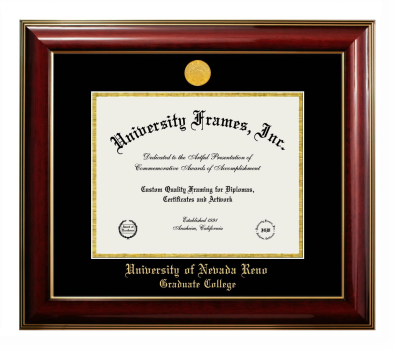 University of Nevada Reno Graduate College Diploma Frame in Classic Mahogany with Gold Trim with Black & Gold Mats for document: 8 1/2"h x 11"w  