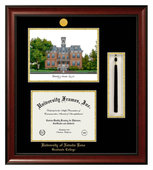 University of Nevada Reno Graduate College Double Opening with Campus Image & Tassel Box (Stacked) Frame in Avalon Mahogany with Black & Gold Mats for document: 8 1/2"h x 11"w  