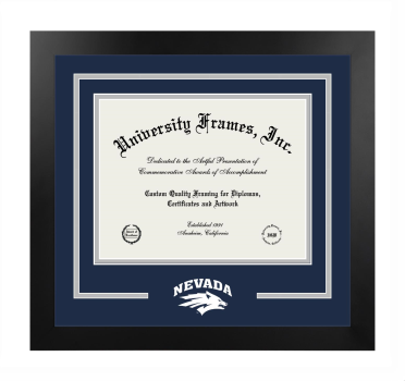 University of Nevada Reno Orvis School of Nursing Logo Mat Frame in Manhattan Black with Navy Blue & Gray Mats for document: 8 1/2"h x 11"w  