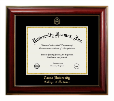 Touro University College of Medicine Diploma Frame in Classic Mahogany with Gold Trim with Black & Gold Mats for document: 8 1/2"h x 11"w  