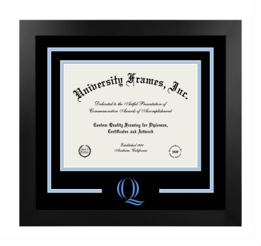 Quinnipiac University School of Business Logo Mat Frame in Manhattan Black with Black & Light Blue Mats for document: 8 1/2"h x 11"w  