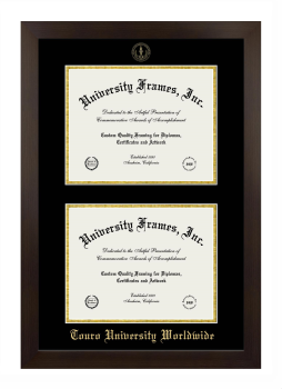 Touro University Worldwide Double Diploma Frame in Manhattan Espresso with Black & Gold Mats for document: 8 1/2"h x 11"w  , document: 8 1/2"h x 11"w  