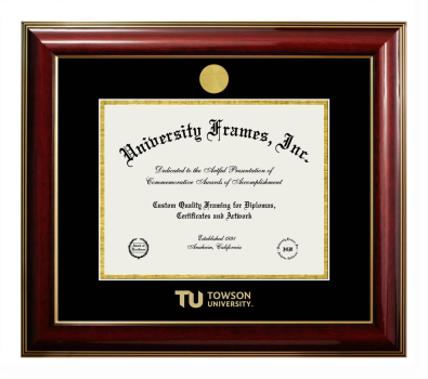 Towson University Diploma Frame in Classic Mahogany with Gold Trim with Black & Gold Mats for document: 8 1/2"h x 11"w  