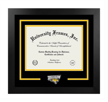Towson University Logo Mat Frame in Manhattan Black with Black & Amber Mats for document: 8 1/2"h x 11"w  