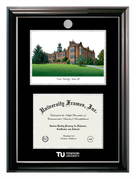 Towson University Double Opening with Campus Image (Stacked) Frame in Classic Ebony with Silver Trim with Black & Silver Mats for document: 8 1/2"h x 11"w  