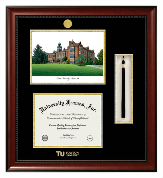 Towson University Double Opening with Campus Image & Tassel Box (Stacked) Frame in Avalon Mahogany with Black & Gold Mats for document: 8 1/2"h x 11"w  