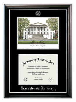 Transylvania University Double Opening with Campus Image (Stacked) Frame in Classic Ebony with Silver Trim with Black & Silver Mats for document: 8 1/2"h x 11"w  