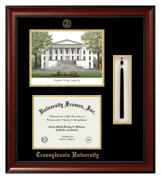 Transylvania University Double Opening with Campus Image & Tassel Box (Stacked) Frame in Avalon Mahogany with Black & Gold Mats for document: 8 1/2"h x 11"w  