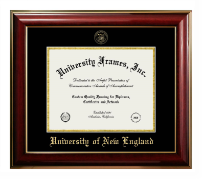 University of New England Diploma Frame in Classic Mahogany with Gold Trim with Black & Gold Mats for document: 8 1/2"h x 11"w  