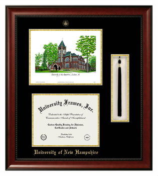 University of New Hampshire Double Opening with Campus Image & Tassel Box (Stacked) Frame in Avalon Mahogany with Black & Gold Mats for document: 8 1/2"h x 11"w  