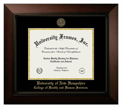 University of New Hampshire College of Health and Human Services Diploma Frame in Legacy Black Cherry with Black & Gold Mats for document: 8 1/2"h x 11"w  