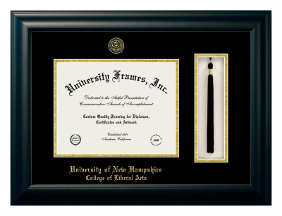 University of New Hampshire College of Liberal Arts Diploma with Tassel Box Frame in Satin Black with Black & Gold Mats for document: 8 1/2"h x 11"w  