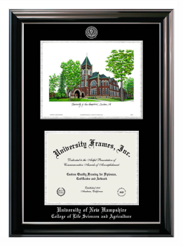 University of New Hampshire College of Life Sciences and Agriculture Double Opening with Campus Image (Stacked) Frame in Classic Ebony with Silver Trim with Black & Silver Mats for document: 8 1/2"h x 11"w  