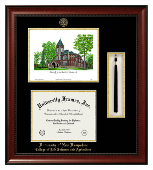 University of New Hampshire College of Life Sciences and Agriculture Double Opening with Campus Image & Tassel Box (Stacked) Frame in Avalon Mahogany with Black & Gold Mats for document: 8 1/2"h x 11"w  