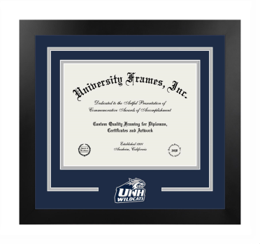 University of New Hampshire Peter T. Paul College of Business and Economics Logo Mat Frame in Manhattan Black with Navy Blue & Gray Mats for document: 8 1/2"h x 11"w  