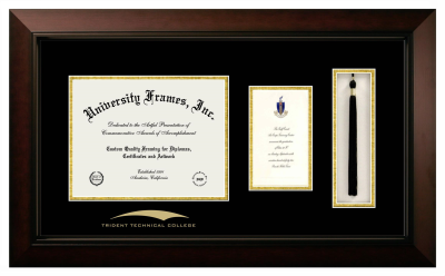 Trident Technical College Diploma with Announcement & Tassel Box Frame in Legacy Black Cherry with Black & Gold Mats for document: 8 1/2"h x 11"w  , diploma: 7"h x 4"w  