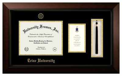 Trine University Diploma with Announcement & Tassel Box Frame in Legacy Black Cherry with Black & Gold Mats for document: 8 1/2"h x 11"w  , diploma: 7"h x 4"w  