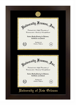 University of New Orleans Double Diploma Frame in Manhattan Espresso with Black & Gold Mats for document: 8 1/2"h x 11"w  , document: 8 1/2"h x 11"w  