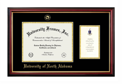 University of North Alabama Diploma with Announcement Frame in Petite Mahogany with Gold Trim with Black & Gold Mats for document: 8 1/2"h x 11"w  , diploma: 7"h x 4"w  