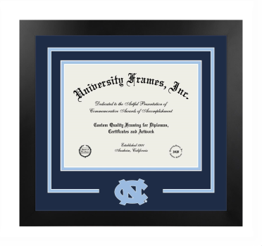 University of North Carolina at Chapel Hill Logo Mat Frame in Manhattan Black with Navy Blue & Light Blue Mats for document: 8 1/2"h x 11"w  