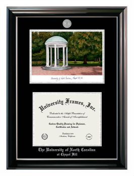 University of North Carolina at Chapel Hill Double Opening with Campus Image (Stacked) Frame in Classic Ebony with Silver Trim with Black & Silver Mats for document: 8 1/2"h x 11"w  