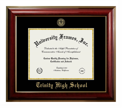 Trinity High School Diploma Frame in Classic Mahogany with Gold Trim with Black & Gold Mats for document: 8 1/2"h x 11"w  