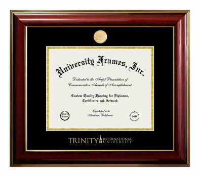 Trinity International University Diploma Frame in Classic Mahogany with Gold Trim with Black & Gold Mats for document: 8 1/2"h x 11"w  