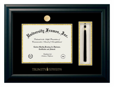 Trinity International University Diploma with Tassel Box Frame in Satin Black with Black & Gold Mats for document: 8 1/2"h x 11"w  