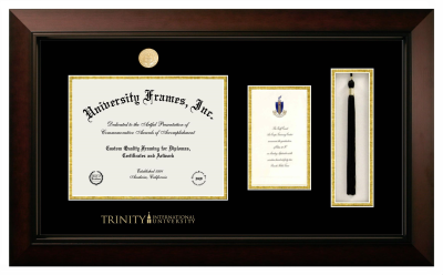 Trinity International University Diploma with Announcement & Tassel Box Frame in Legacy Black Cherry with Black & Gold Mats for document: 8 1/2"h x 11"w  , diploma: 7"h x 4"w  