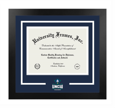 University of North Carolina at Wilmington Logo Mat Frame in Manhattan Black with Navy Blue & White Mats for document: 8 1/2"h x 11"w  