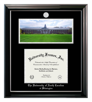 University of North Carolina at Wilmington Double Opening with Campus Image (Stacked) Frame in Classic Ebony with Silver Trim with Black & Silver Mats for document: 8 1/2"h x 11"w  
