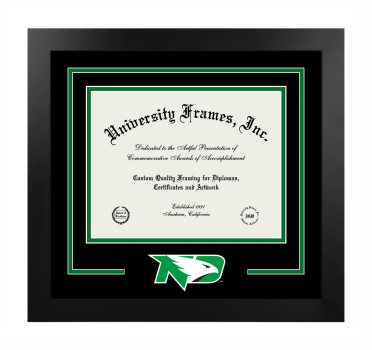 University of North Dakota Logo Mat Frame in Manhattan Black with Black & Kelly Green Mats for document: 8 1/2"h x 11"w  