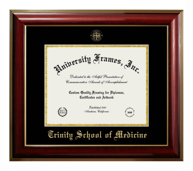 Trinity School of Medicine Diploma Frame in Classic Mahogany with Gold Trim with Black & Gold Mats for document: 8 1/2"h x 11"w  