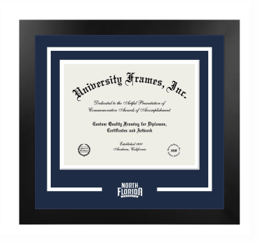 University of North Florida Logo Mat Frame in Manhattan Black with Navy Blue & White Mats for document: 8 1/2"h x 11"w  