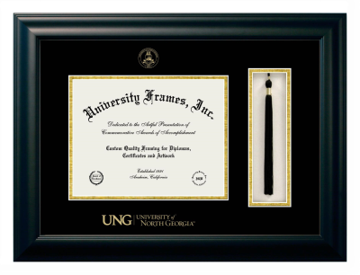 University of North Georgia Diploma with Tassel Box Frame in Satin Black with Black & Gold Mats for document: 8 1/2"h x 11"w  