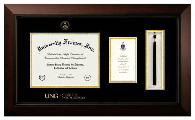 University of North Georgia Diploma with Announcement & Tassel Box Frame in Legacy Black Cherry with Black & Gold Mats for document: 8 1/2"h x 11"w  , diploma: 7"h x 4"w  