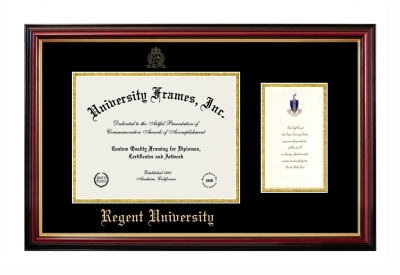 Regent University Diploma with Announcement Frame in Petite Mahogany with Gold Trim with Black & Gold Mats for document: 8 1/2"h x 11"w  , diploma: 7"h x 4"w  