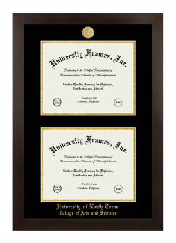 University of North Texas College of Arts and Sciences Double Diploma Frame in Manhattan Espresso with Black & Gold Mats for document: 8 1/2"h x 11"w  , document: 8 1/2"h x 11"w  