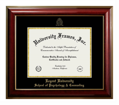 Regent University School of Psychology & Counseling Diploma Frame in Classic Mahogany with Gold Trim with Black & Gold Mats for document: 8 1/2"h x 11"w  