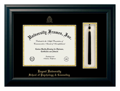 Regent University School of Psychology & Counseling Diploma with Tassel Box Frame in Satin Black with Black & Gold Mats for document: 8 1/2"h x 11"w  
