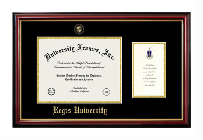 Regis University Diploma with Announcement Frame in Petite Mahogany with Gold Trim with Black & Gold Mats for document: 8 1/2"h x 11"w  , diploma: 7"h x 4"w  
