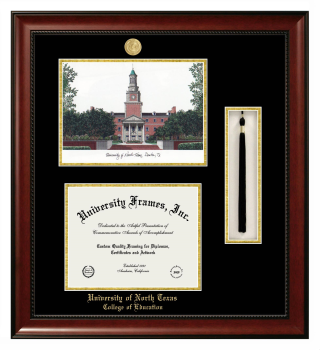 University of North Texas College of Education Double Opening with Campus Image & Tassel Box (Stacked) Frame in Avalon Mahogany with Black & Gold Mats for document: 8 1/2"h x 11"w  