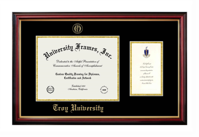 Troy University Diploma with Announcement Frame in Petite Mahogany with Gold Trim with Black & Gold Mats for document: 8 1/2"h x 11"w  , diploma: 7"h x 4"w  