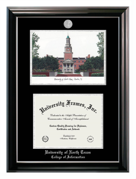 University of North Texas College of Information Double Opening with Campus Image (Stacked) Frame in Classic Ebony with Silver Trim with Black & Silver Mats for document: 8 1/2"h x 11"w  